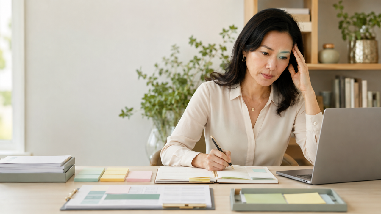 A high-achieving professional woman carefully reviews her organized work while touching her temple, reflecting perfectionism and subtle mental strain.