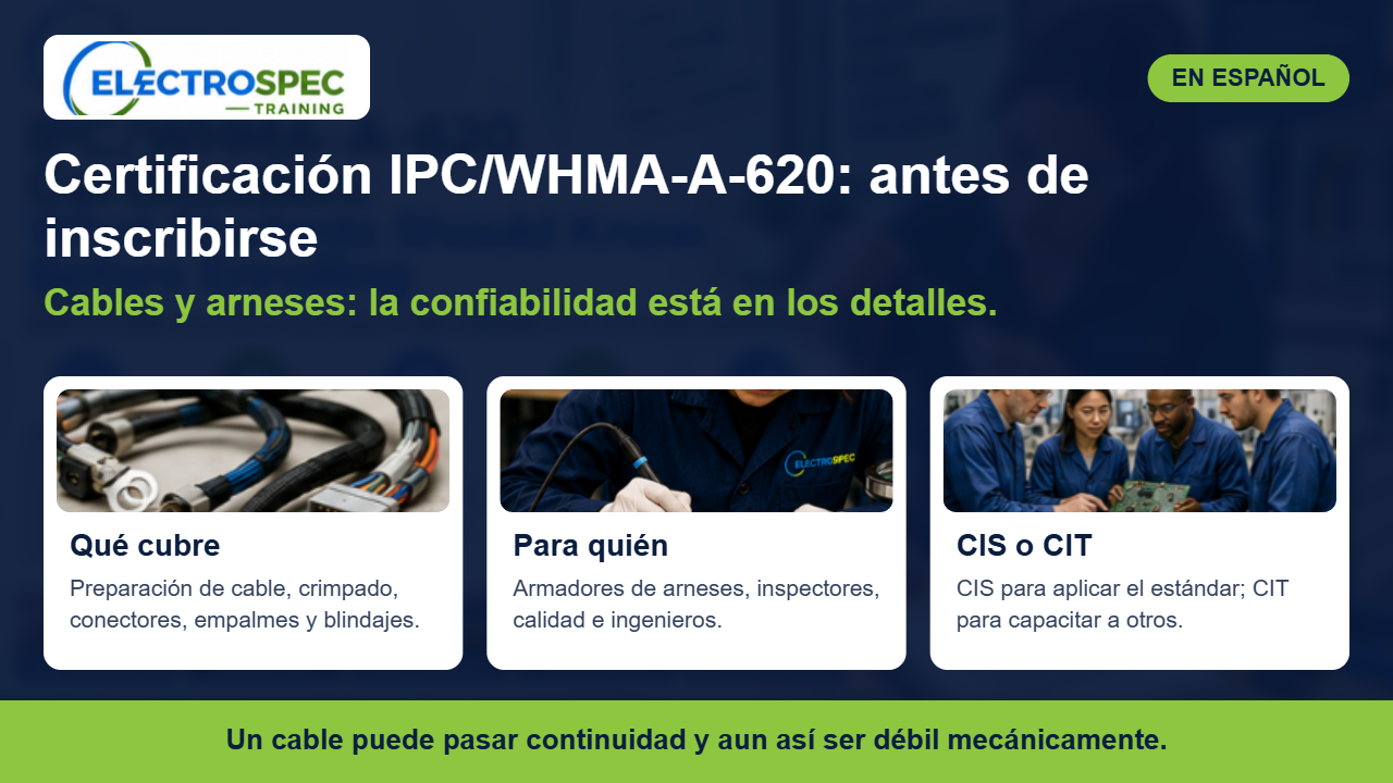 Técnica ensamblando un arnés de cables para la certificación IPC/WHMA-A-620
