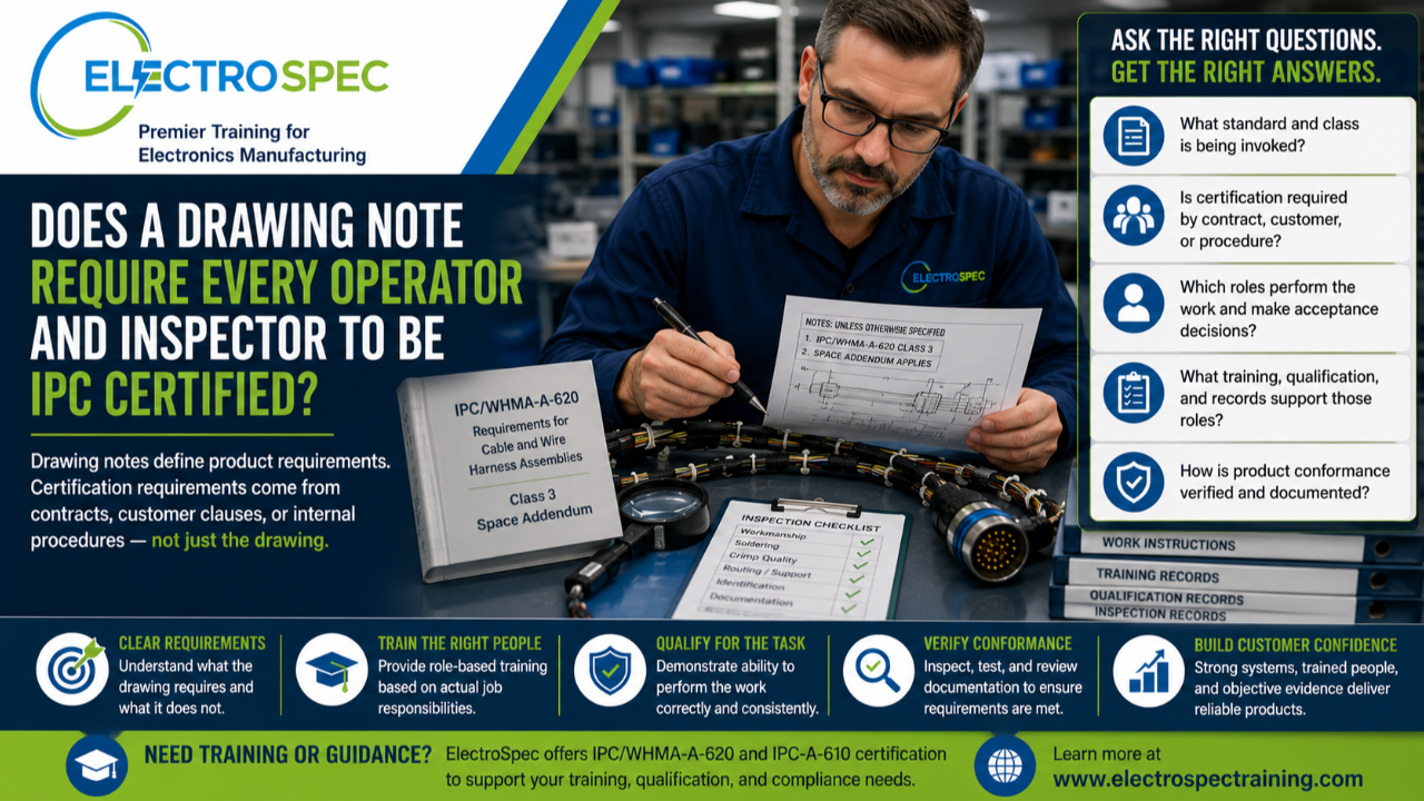 Quality engineer reviewing IPC drawing notes, training records, work instructions, and product inspection evidence