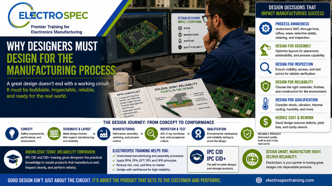 PCB design engineer reviewing manufacturability, soldering process, and inspection requirements before electronics production
