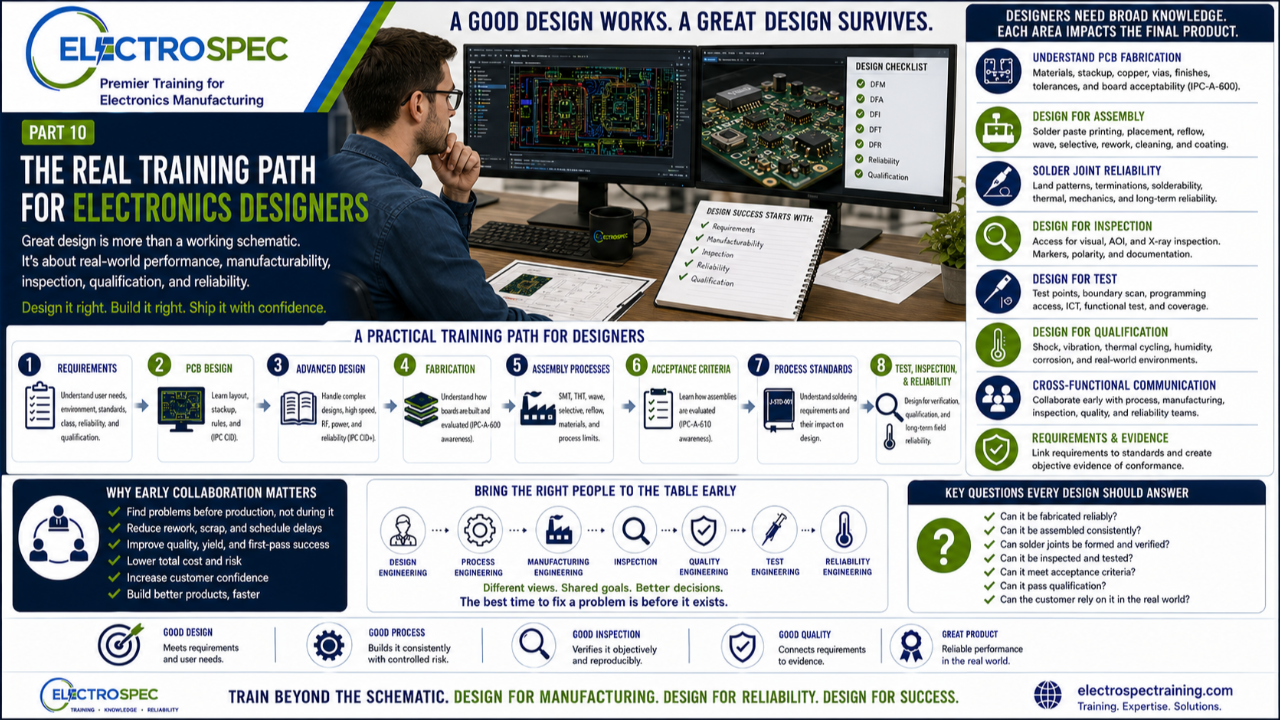 PCB designer reviewing a complete electronics design training path from requirements and layout to manufacturing, inspection, qualification, and reliability