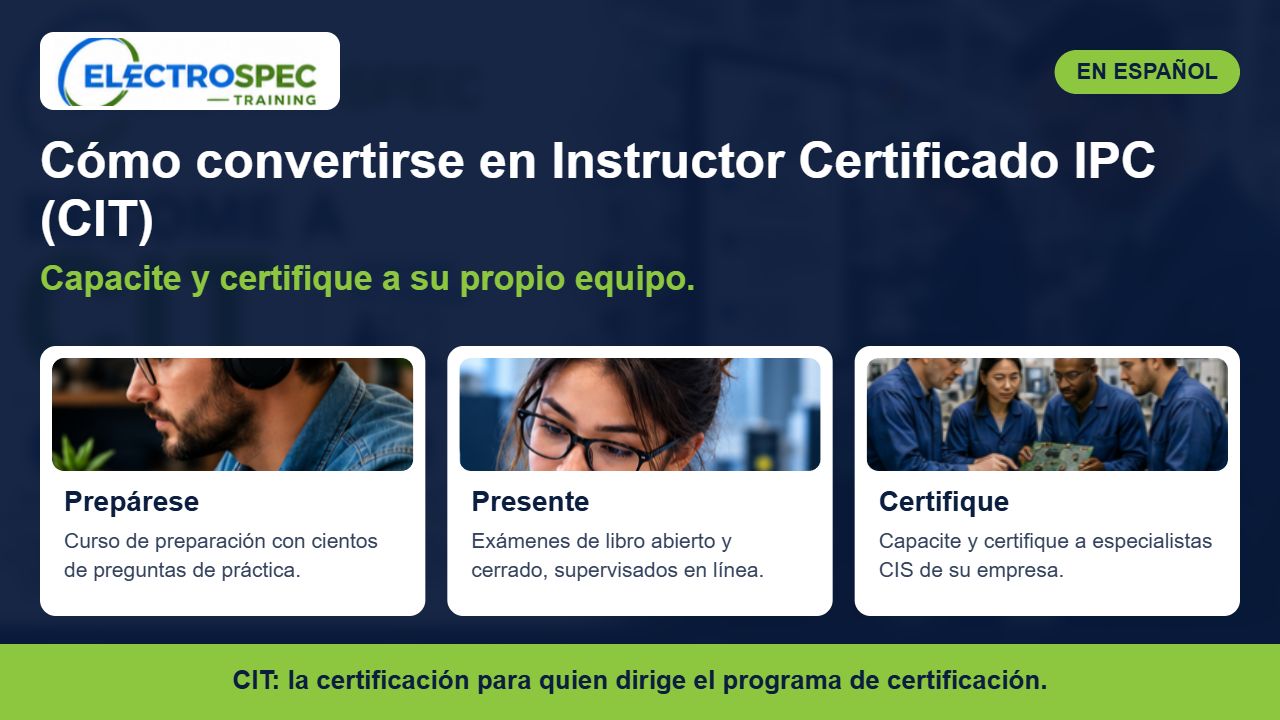 Instructor certificado IPC revisando un ensamble con un grupo de técnicos