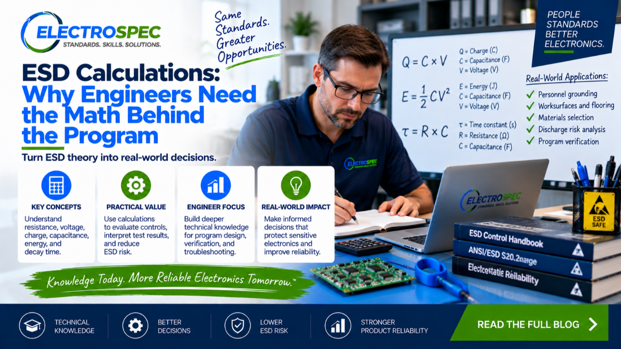 ESD engineer calculating resistance voltage charge capacitance and discharge energy while reviewing an ESD control plan and protected electronics workstation