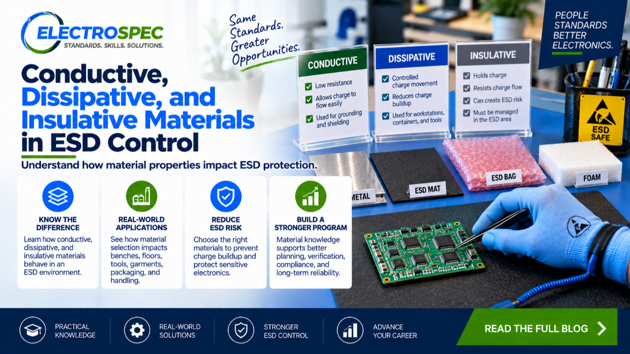 ESD training infographic showing conductive dissipative and insulative materials used in electronics manufacturing including mats floors tools garments and packaging