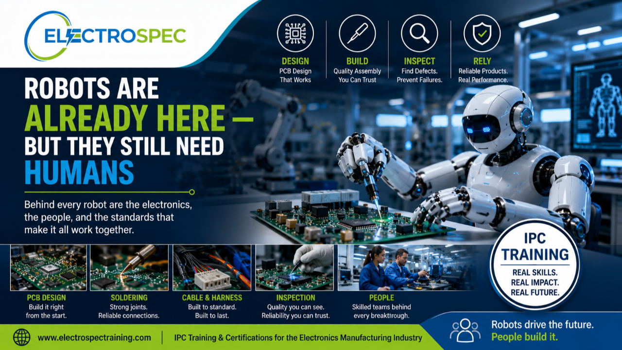 Robotics technology display showing advanced automation supported by electronics manufacturing, IPC standards, trained inspectors, designers, and assembly technicians.