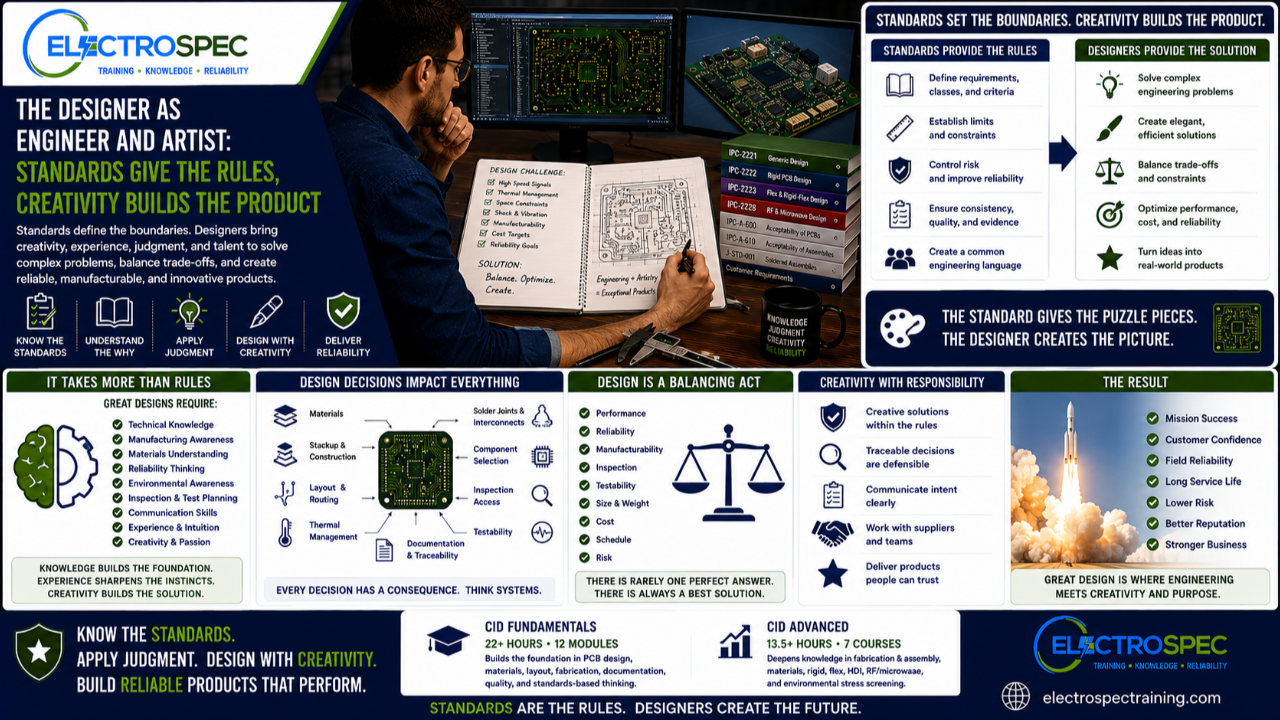 PCB designer creatively solving a complex electronics design using PCB standards, requirements, engineering judgment, materials, fabrication, and reliability considerations