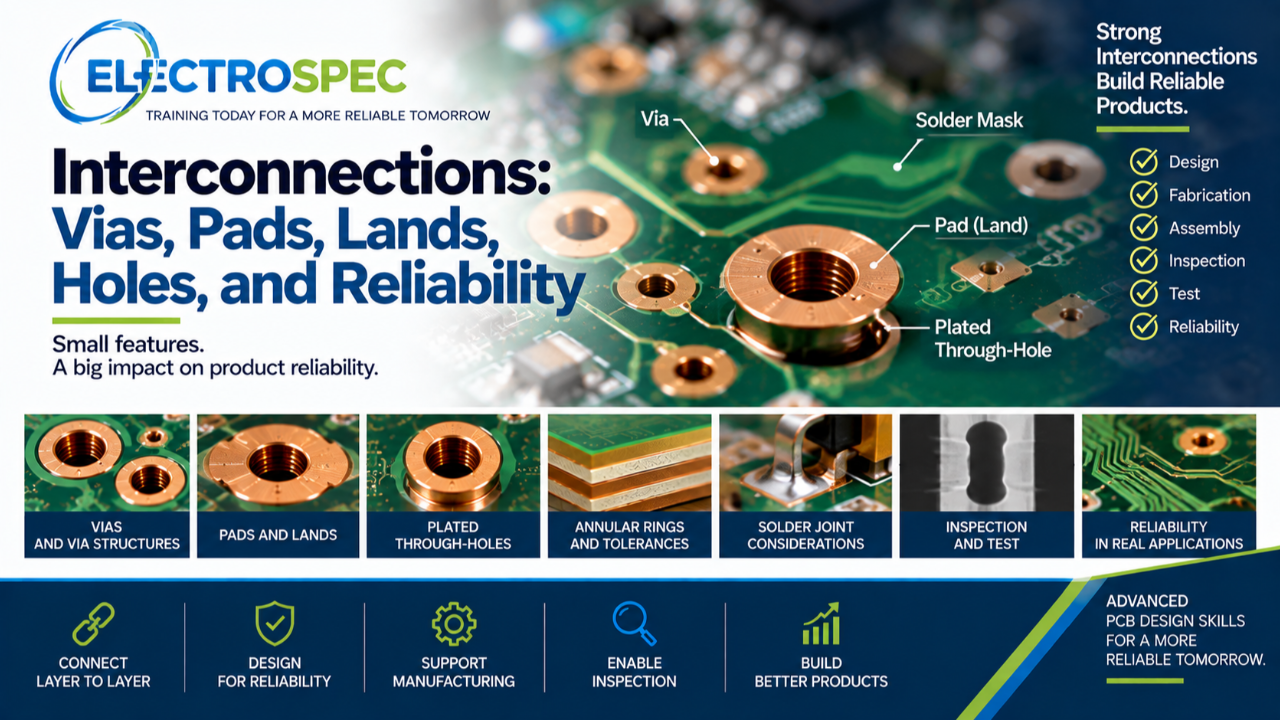 PCB designer reviewing interconnections including vias, pads, lands, plated through-holes, annular rings, solder joints, fabrication, inspection, and reliability