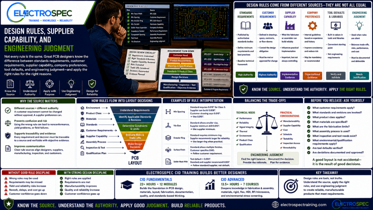 PCB designer reviewing design rules, supplier capability limits, customer requirements, standards, fabrication constraints, and engineering judgment before PCB layout release