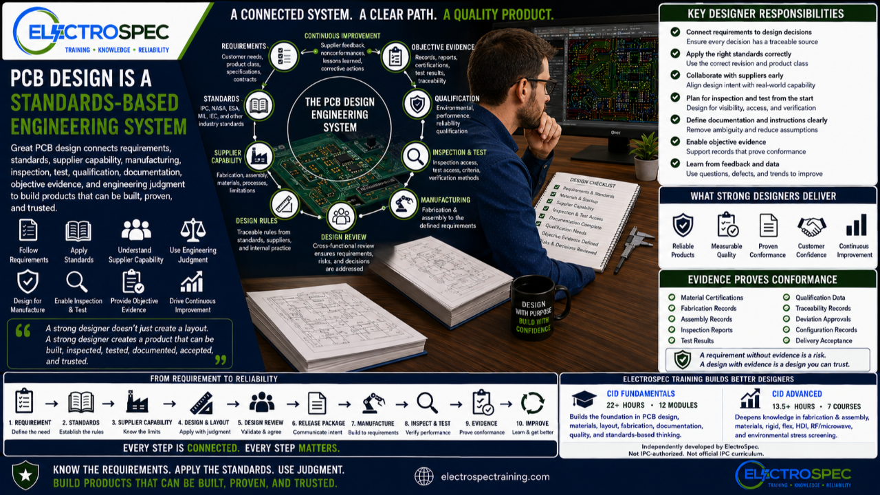 PCB designer connecting requirements, standards, supplier capability, manufacturing, inspection, test, qualification, documentation, objective evidence, and engineering judgment into a complete PCB design system