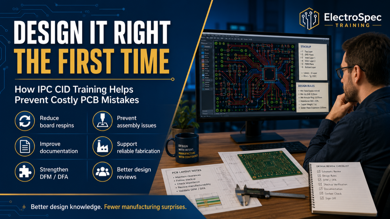 ElectroSpec Training blog image showing PCB designer reviewing board layout, stackup, design rules, and IPC CID training concepts to prevent costly PCB mistakes.