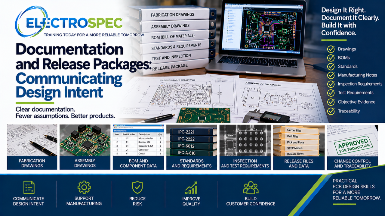 PCB designer preparing documentation and release package files including fabrication drawings, assembly drawings, BOMs, standards notes, inspection requirements, and test records