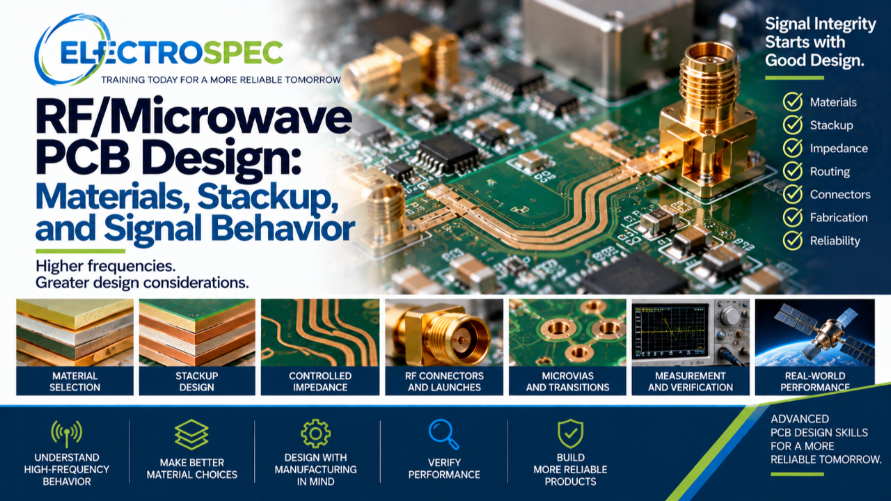 PCB designer reviewing RF and microwave PCB design including controlled impedance, dielectric materials, stackup, copper roughness, routing geometry, connectors, and signal behavior