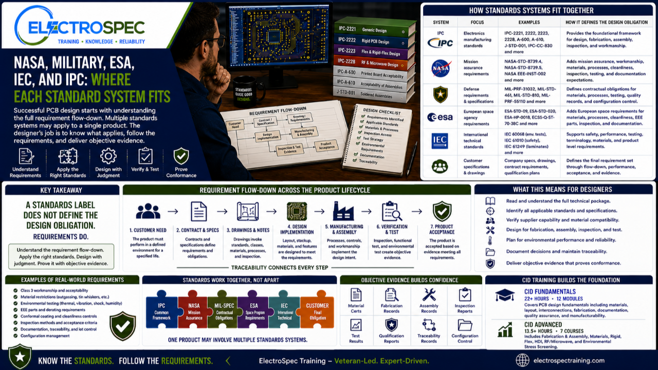 PCB designer reviewing IPC, NASA, military, ESA, IEC, and customer standards while tracing electronics design requirements from drawings and contracts to materials, fabrication, assembly, inspection, qualification, and reliability
