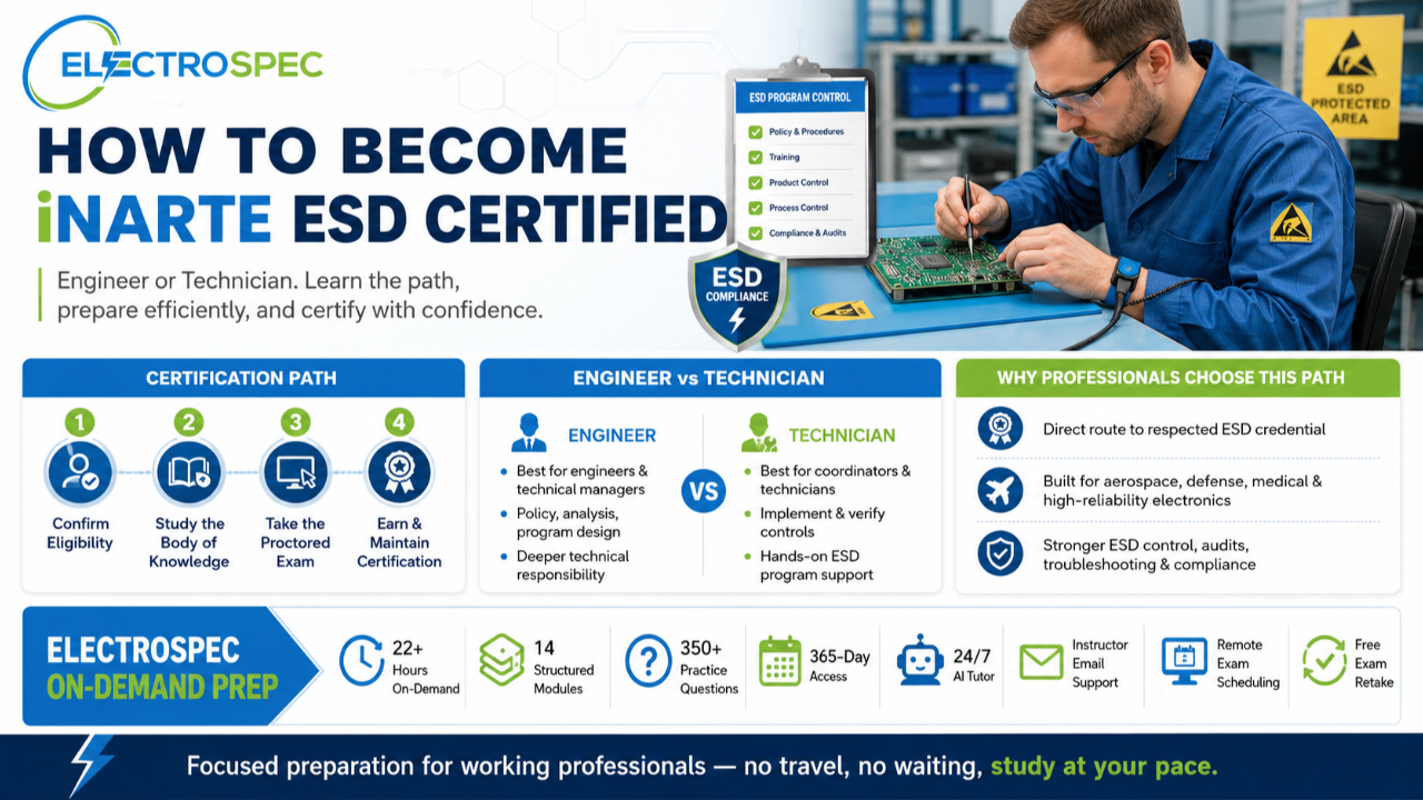 iNARTE ESD Engineer versus ESD Technician certification for ESD control programs, testing, verification, corrective action, and electronics manufacturing.