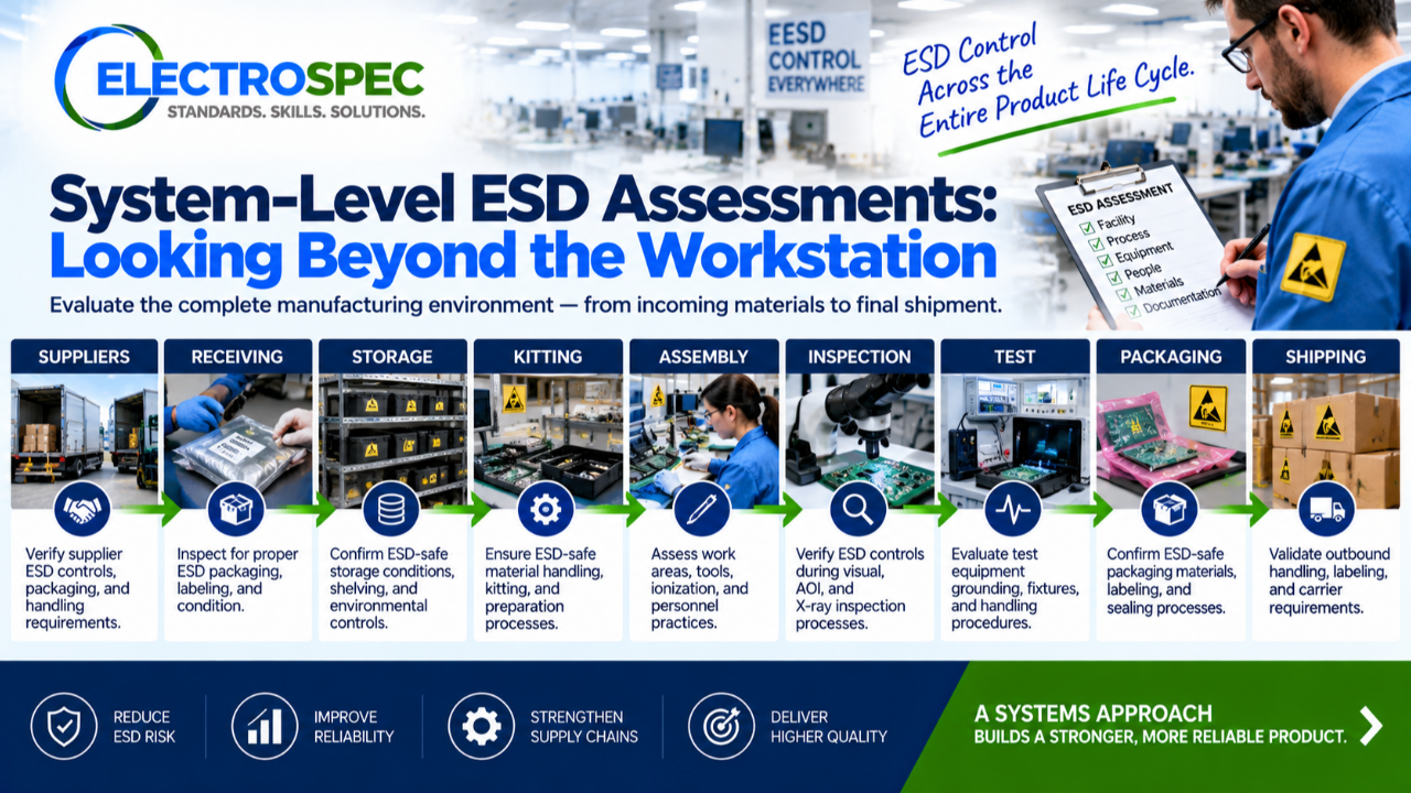System-level ESD assessment showing full electronics manufacturing flow from receiving and kitting to assembly inspection test packaging shipping and supplier controls