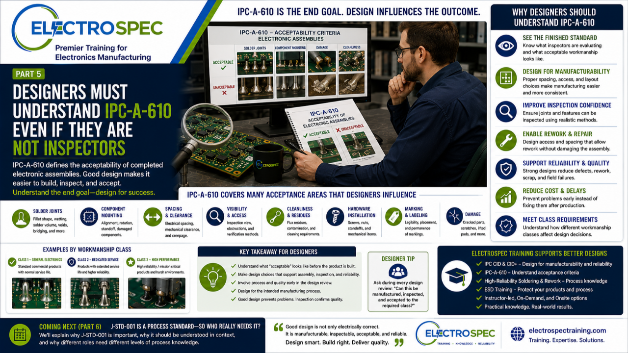 PCB designer reviewing IPC-A-610 electronic assembly acceptance criteria before releasing a product to manufacturing