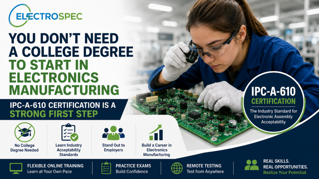 IPC-A-610 certification training helps entry-level operators, inspectors, technicians, veterans, and career changers start a career in electronics manufacturing.