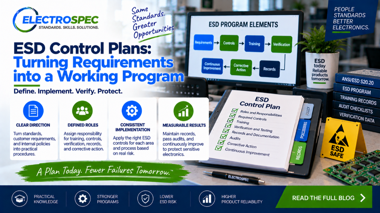 ESD program manager reviewing an ESD control plan with grounding requirements, training records, verification checklist, packaging controls, and protected work area