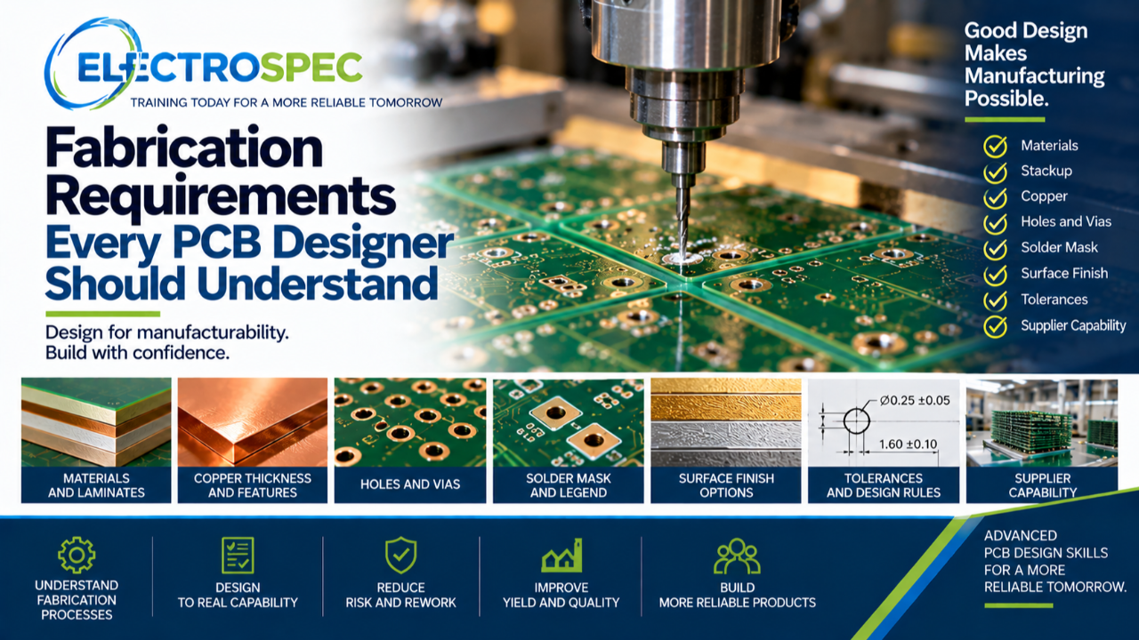 PCB designer reviewing fabrication requirements including materials, stackup, copper thickness, holes, vias, solder mask, surface finish, tolerances, inspection, and supplier capability