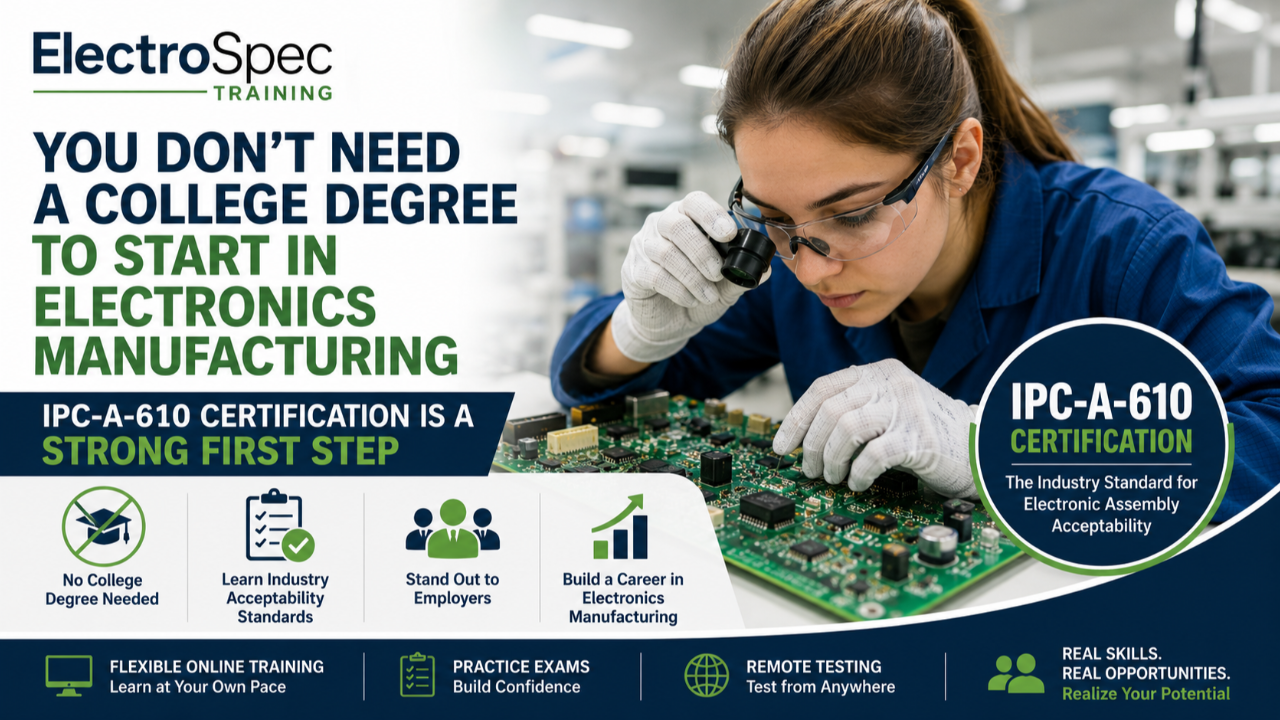 IPC-A-610 certification training helps entry-level operators, inspectors, technicians, veterans, and career changers start a career in electronics manufacturing.