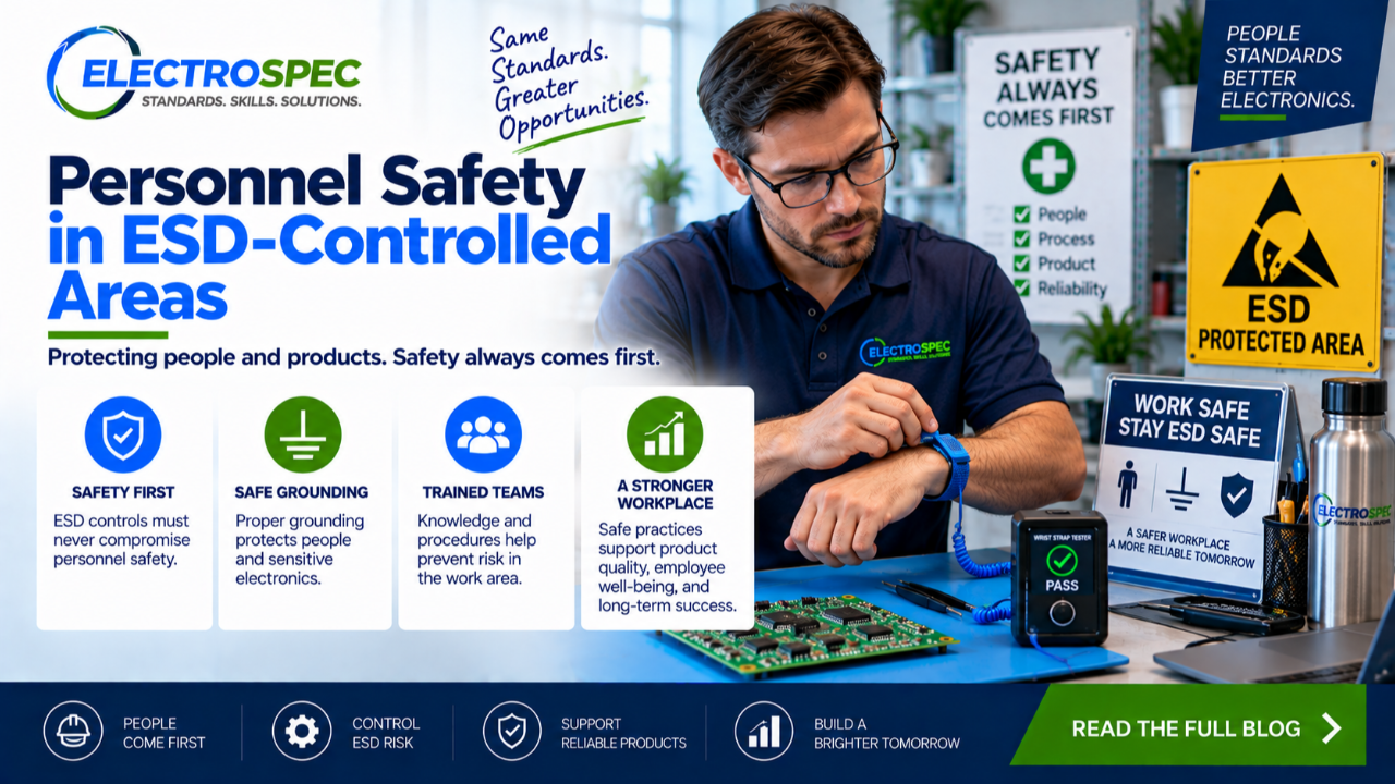 ESD protected workstation showing technician safety, wrist strap, grounding cord, electrical safety symbols, protected circuit board, and ESD training checklist