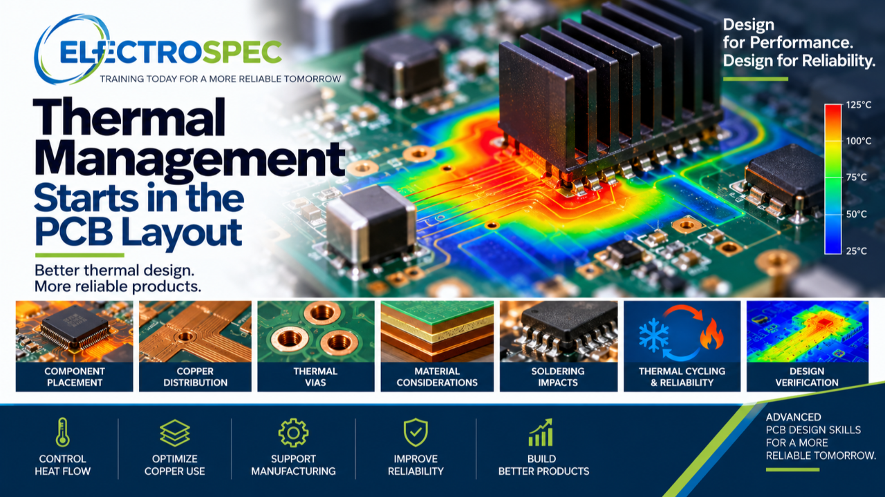 PCB designer reviewing thermal management considerations including heat flow, copper distribution, thermal vias, component placement, soldering, reliability, and product life