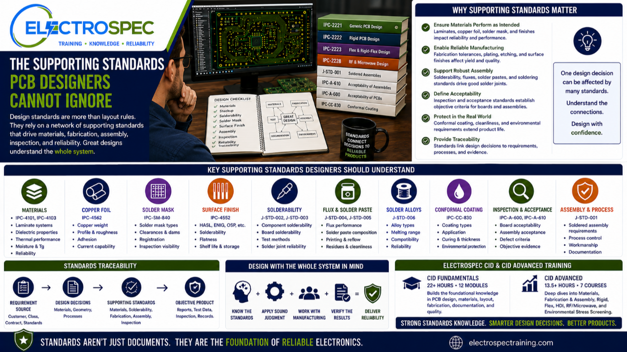 PCB designer reviewing supporting PCB design standards for materials, solderability, copper foil, laminates, solder mask, conformal coating, assembly, inspection, and reliability