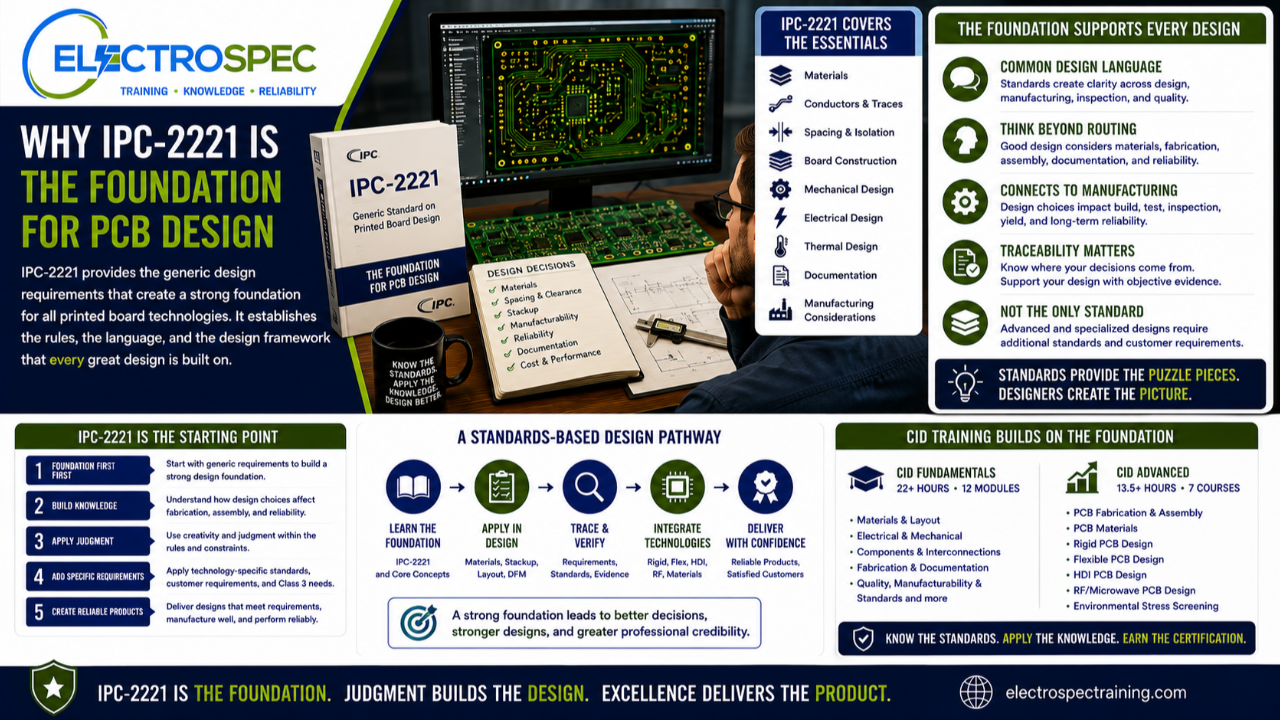 PCB designer reviewing IPC-2221 design requirements, PCB layout, materials, fabrication notes, and manufacturing constraints while preparing for CID certification