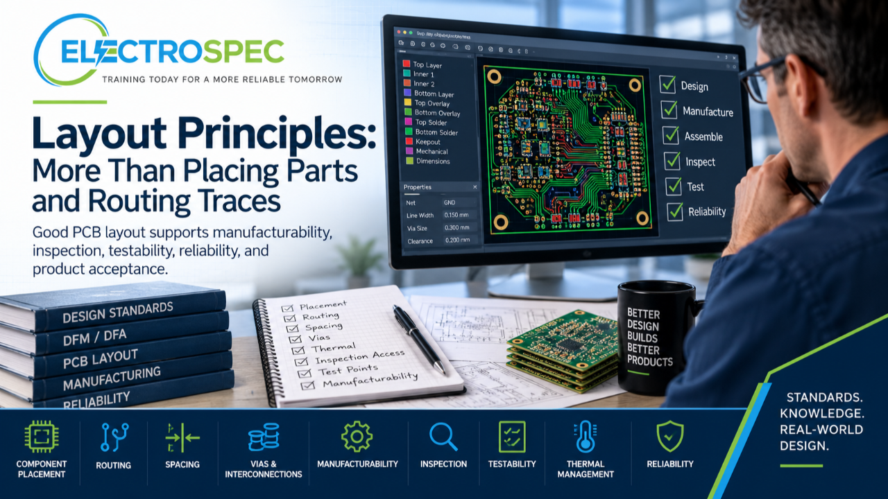 PCB designer reviewing layout principles including component placement, routing, spacing, manufacturability, inspection access, testability, thermal management, and reliability