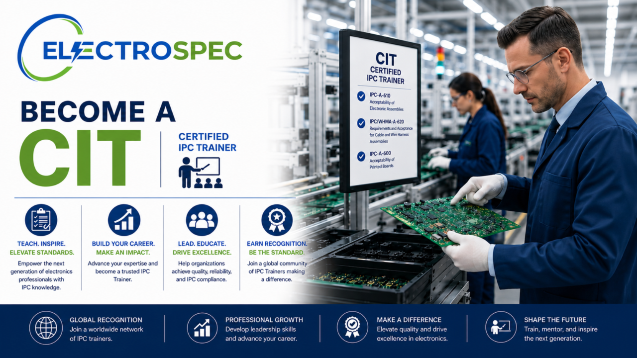 ElectroSpec IPC CIT certification training graphic showing certified IPC trainer in an electronics manufacturing facility