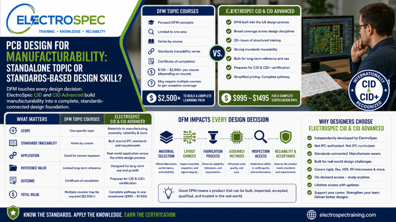 PCB designer comparing design for manufacturability topic courses with ElectroSpec CID and CID Advanced standards-based certification training