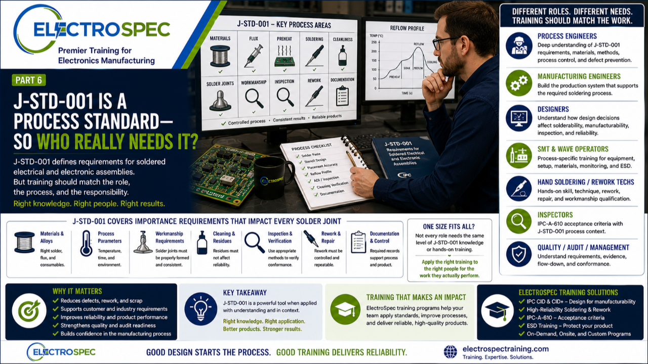 Process engineer reviewing J-STD-001 soldering requirements, reflow profile data, and electronics assembly process controls