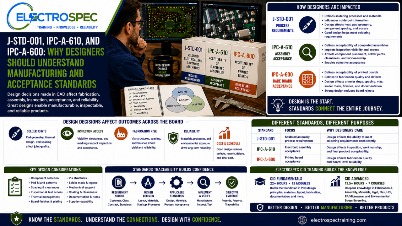 PCB designer reviewing J-STD-001, IPC-A-610, and IPC-A-600 manufacturing and acceptance standards while evaluating PCB layout, solder joints, fabrication quality, and inspection access