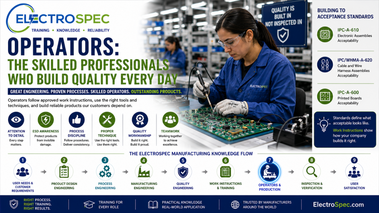 Electronics manufacturing operator assembling a Class 3 printed circuit board using approved work instructions.