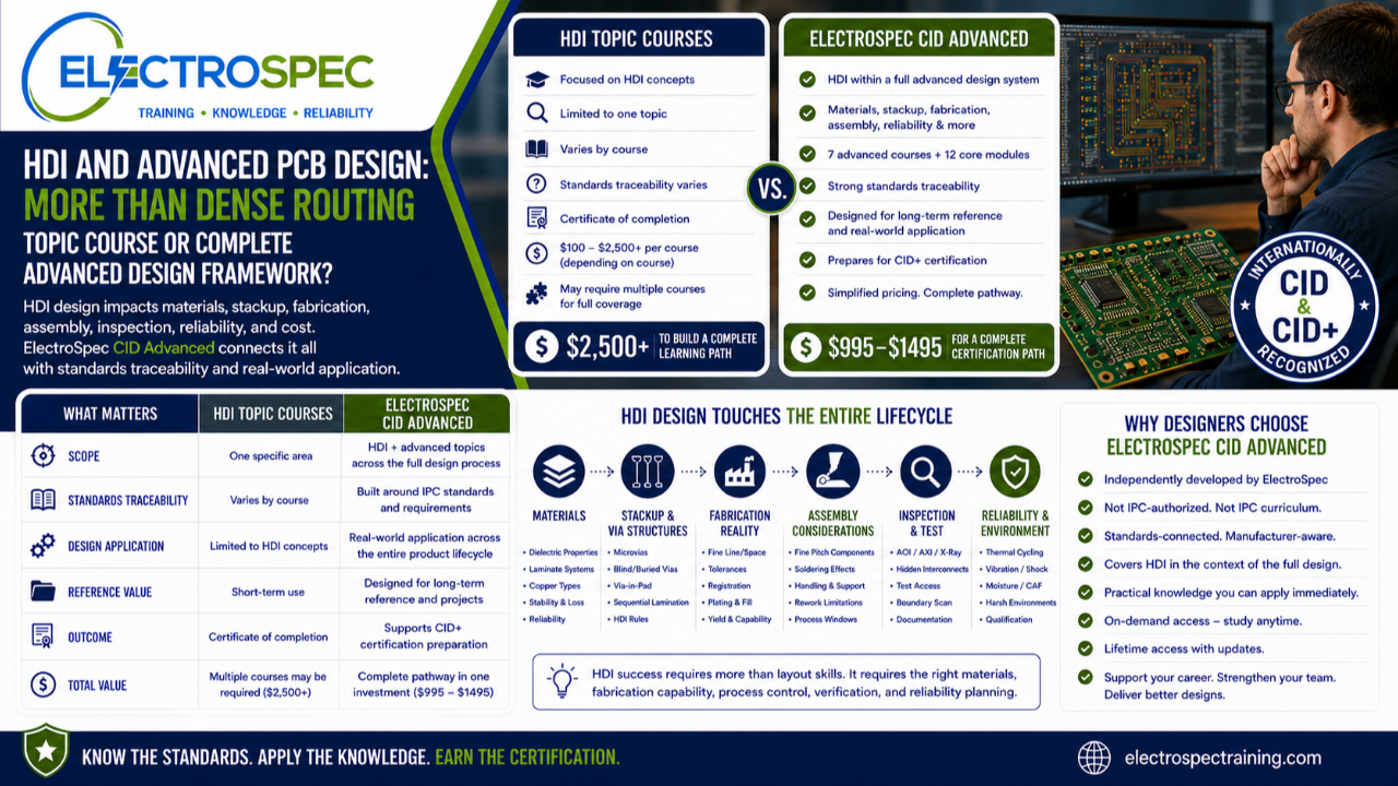 PCB designer comparing HDI and advanced PCB design topic courses with ElectroSpec CID Advanced standards-based certification training