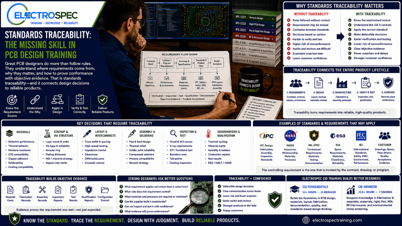 PCB designer tracing requirements from standards and customer drawings to PCB materials, fabrication, assembly, inspection, qualification, and objective evidence