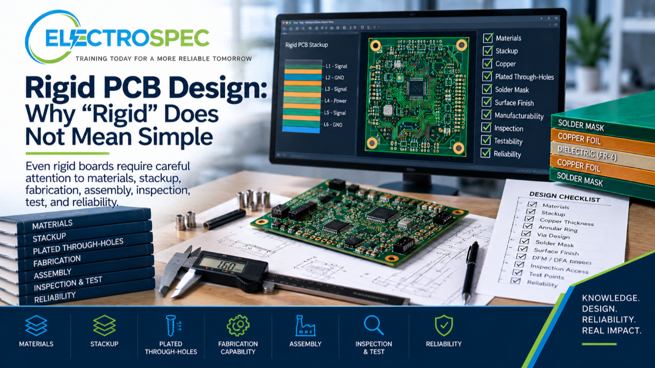 PCB designer reviewing rigid PCB design considerations including stackup, materials, plated through-holes, annular ring, solder mask, surface finish, inspection access, and reliability