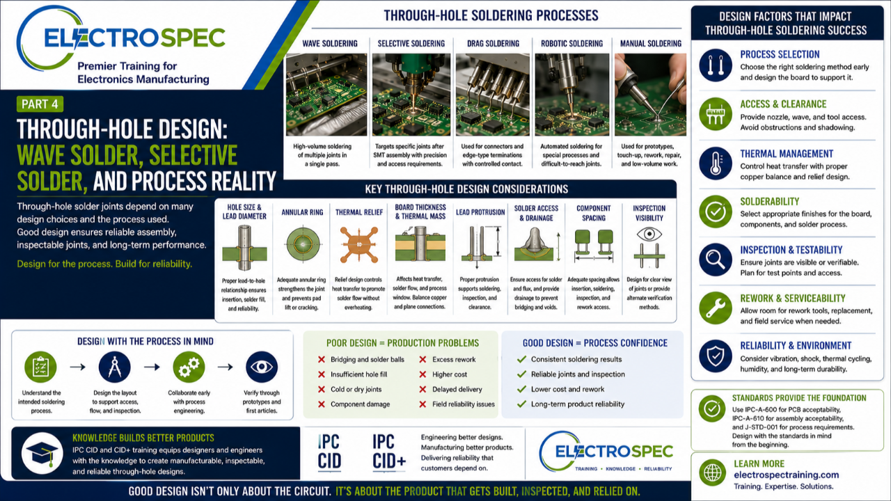 PCB designer reviewing through-hole component layout for wave soldering, selective soldering, solder access, and inspection requirements