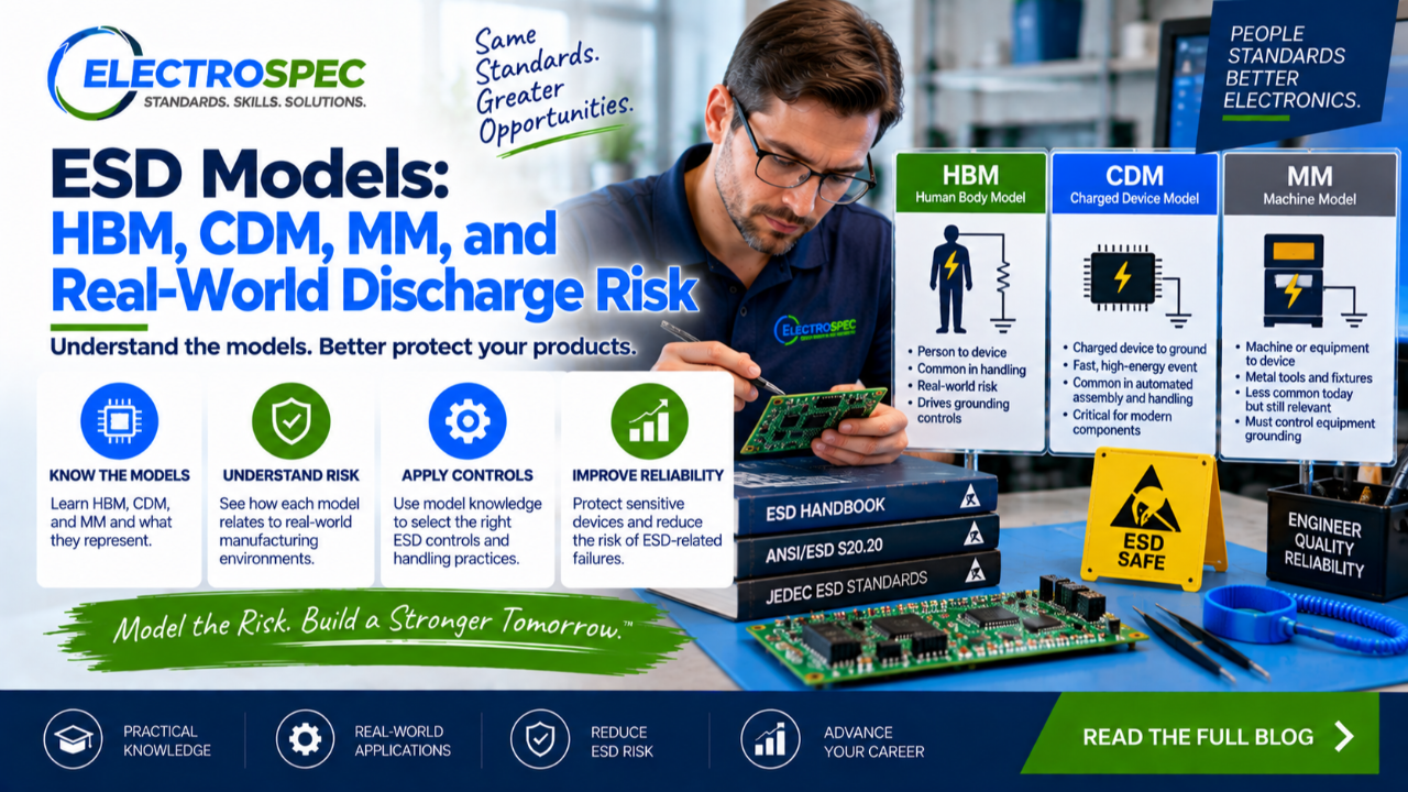 ESD training graphic showing human body model charged device model machine model sensitive components and real-world electronics manufacturing discharge risk