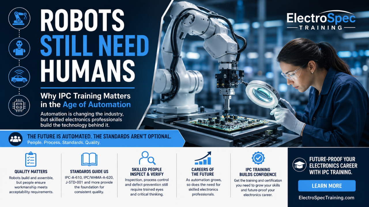 Automation, humanoids, robotics, and autonomous vehicles are changing electronics manufacturing, but skilled people are still essential. IPC training helps build the workforce behind the technology.