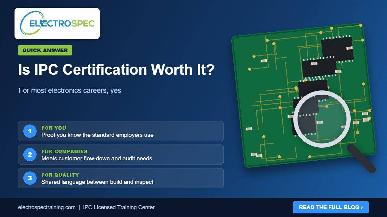 Electronics technician holding an IPC certificate on a production floor with inspection station and circuit boards