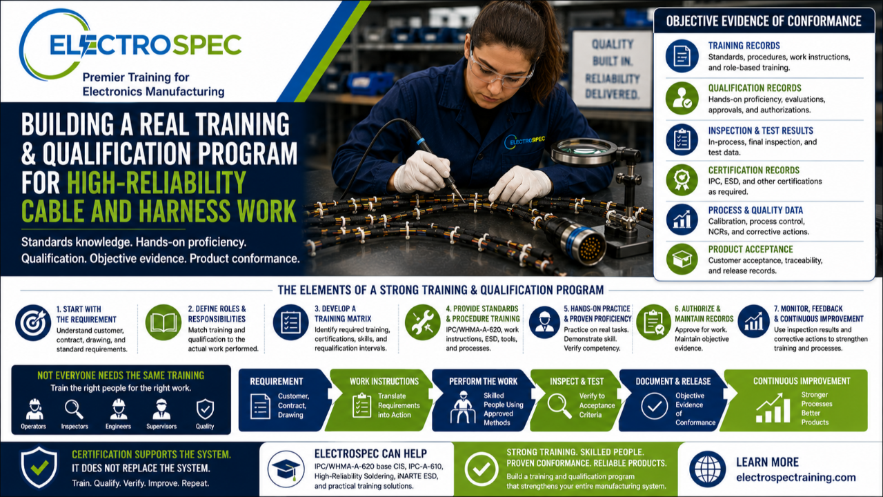 Cable harness technician demonstrating high-reliability workmanship while training records, work instructions, and inspection evidence are reviewed