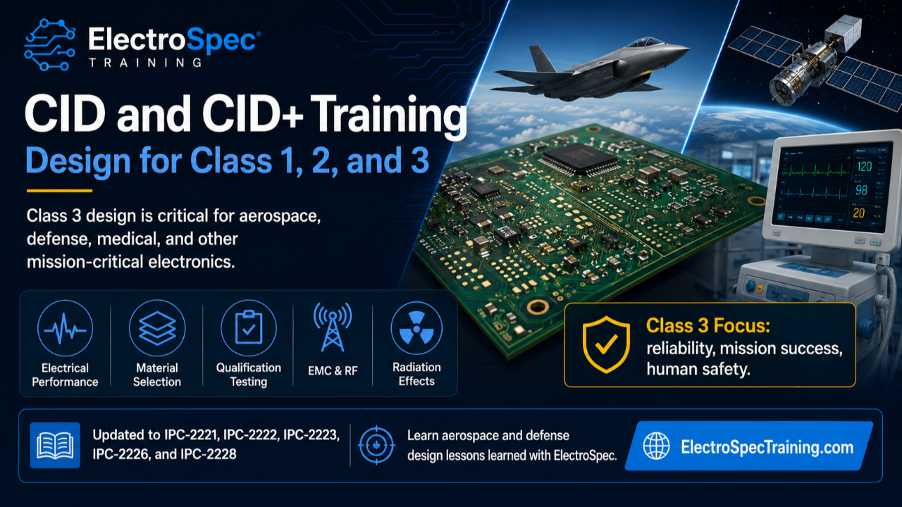 CID and CID+ PCB design training for Class 1, 2, and 3 requirements, aerospace, defense, medical, electrical performance, material selection, qualification testing, EMC, RF, and radiation effects.