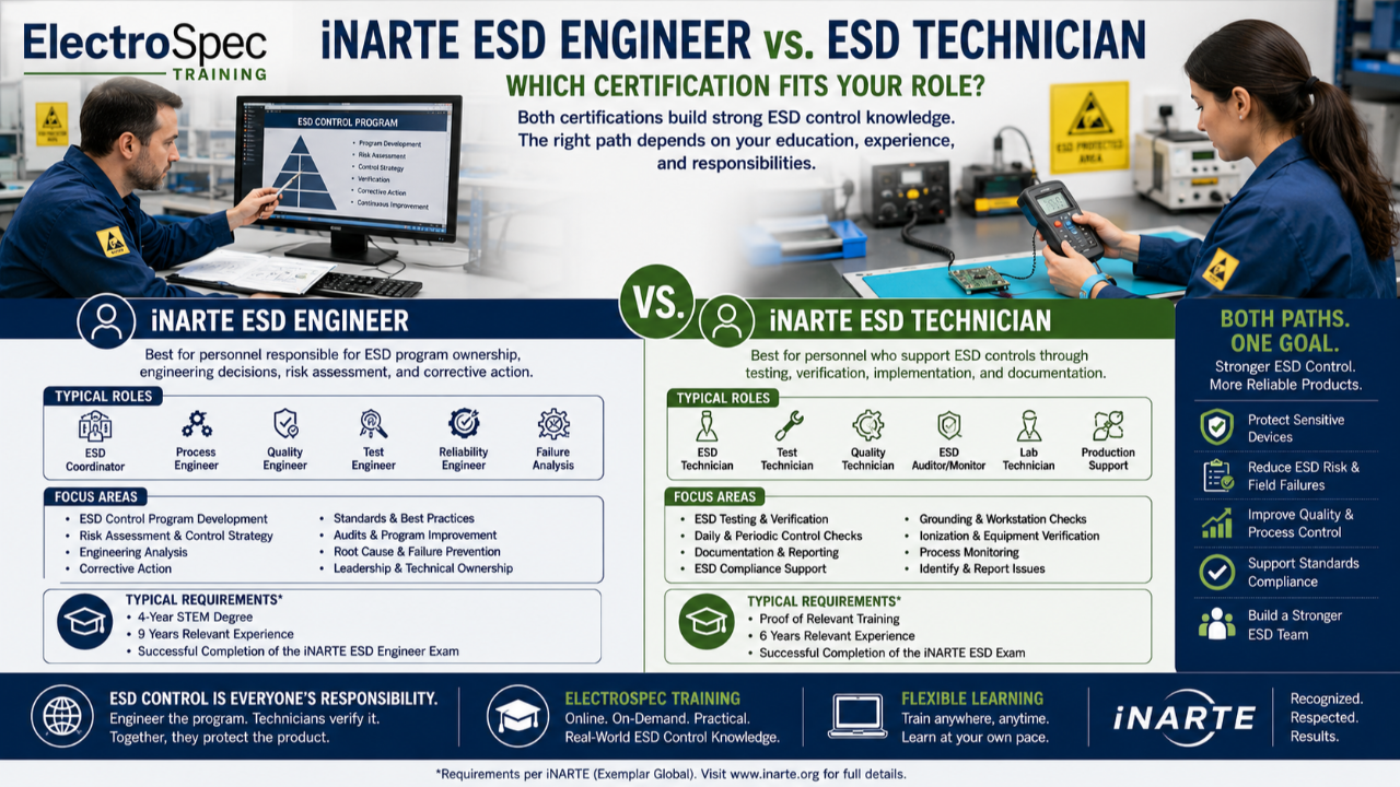 iNARTE ESD Engineer versus ESD Technician certification for ESD control programs, testing, verification, corrective action, and electronics manufacturing.