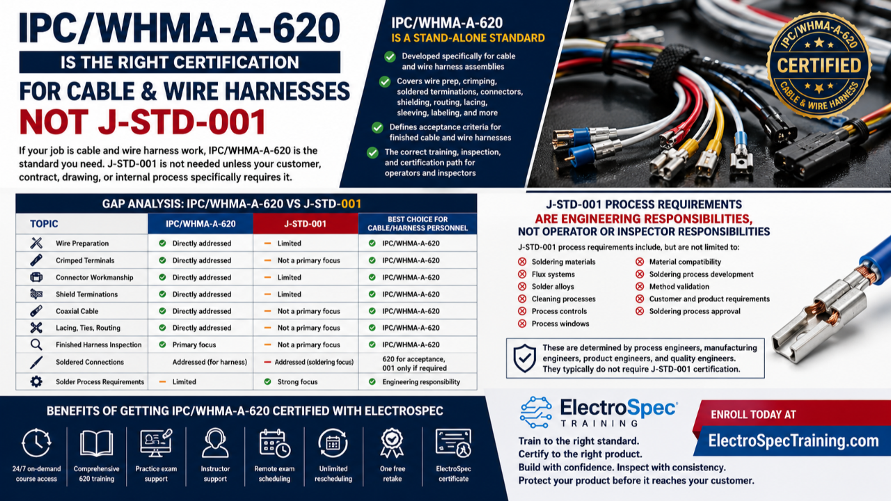 IPC/WHMA-A-620 certification training for cable and wire harness operators, inspectors, manufacturers, and quality teams.