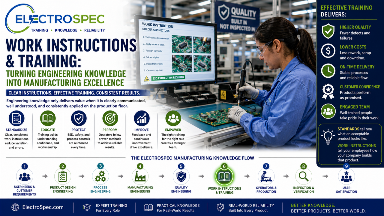 Electronics operator reviewing digital work instructions before assembling a high-reliability electronic assembly.