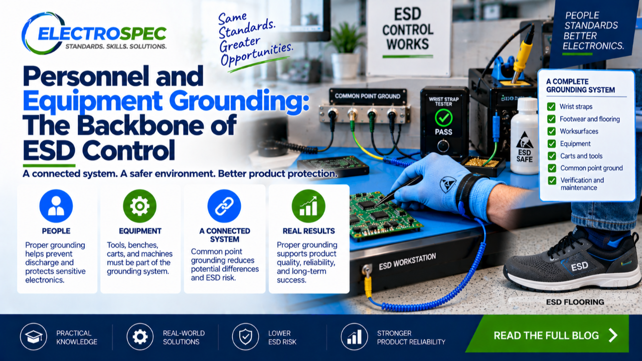ESD workstation showing personnel grounding, wrist strap, common point ground, ESD mat, footwear, floor, cart, tools, and circuit board protection