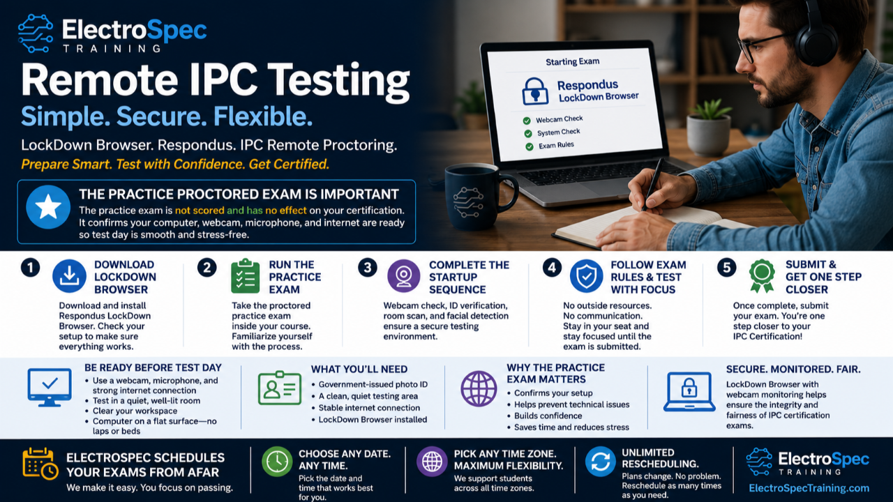 Remote IPC testing with Respondus LockDown Browser, practice exam setup, and flexible scheduling through ElectroSpec Training.
