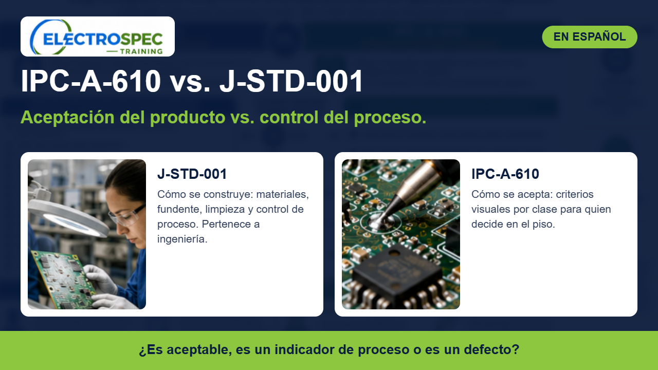Inspector evaluando uniones de soldadura de un ensamble electrónico con criterios IPC-A-610