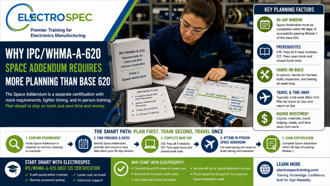 Student planning IPC/WHMA-A-620 Space Addendum certification schedule with travel, hands-on build, and base 620 requirements